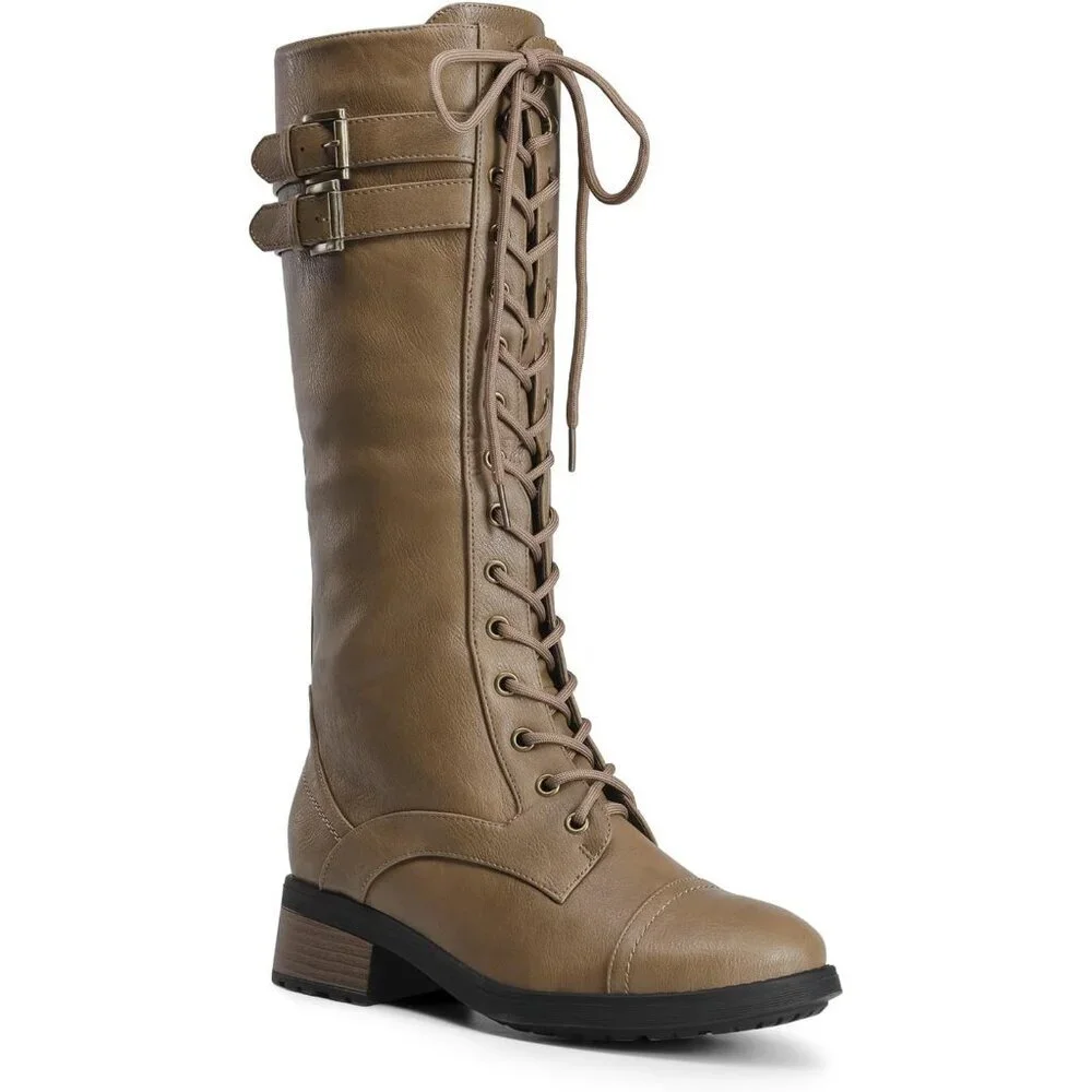 Women's Polyurethane Pu Georgia-Khaki Double buckle Knee High Riding Combat Boot